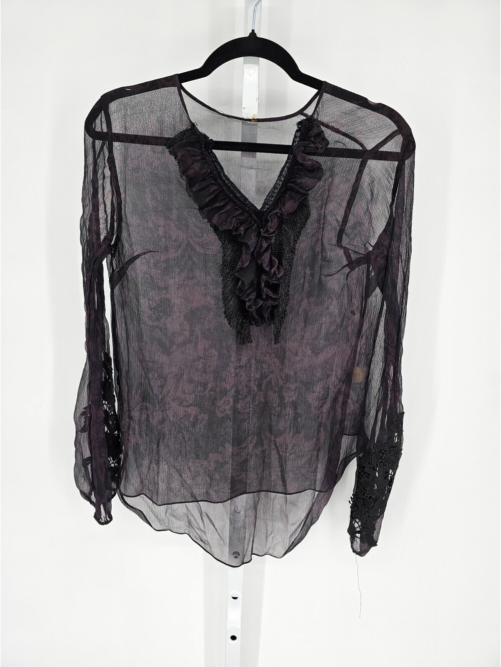 Elie Tahari Womens Sz S Long Sleeve Sheer Blouse Purple Black Ruffled